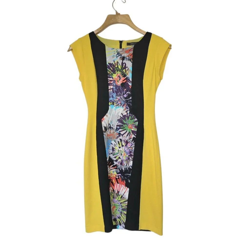 BCBGMAXAZRIA Meyna Yellow Black Floral Sheath Mini Dress NWT Size 0 - Picture 3 of 16